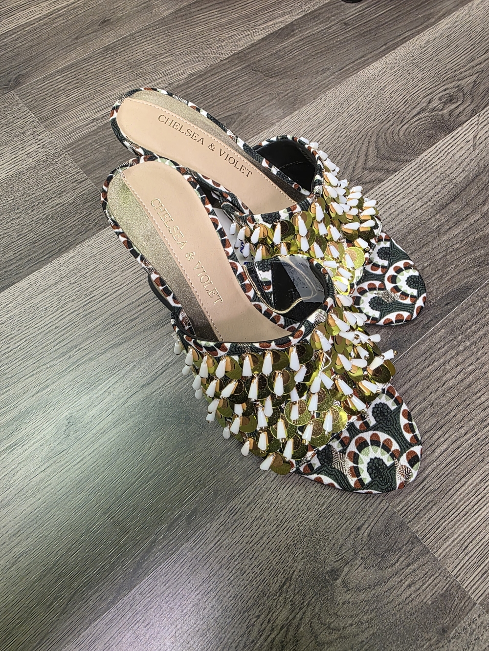 Chelsea & Violet Gold and White Beaded Slide Mules